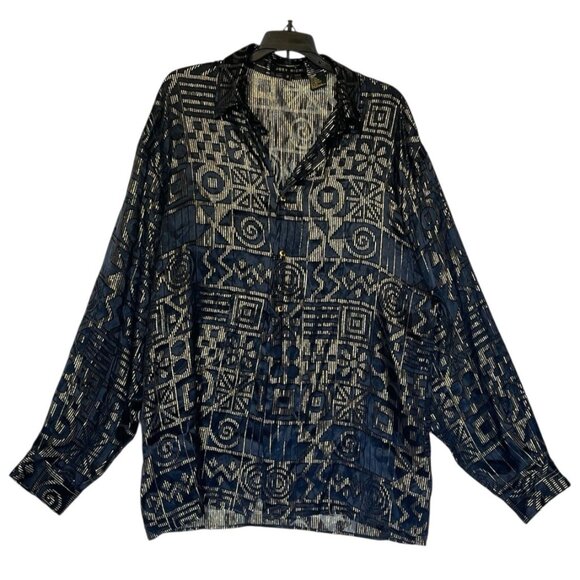 JOEY RICHI Black Gold Metallic Semi-Sheer Silk Rayon Button Up Shirt - Picture 1 of 8